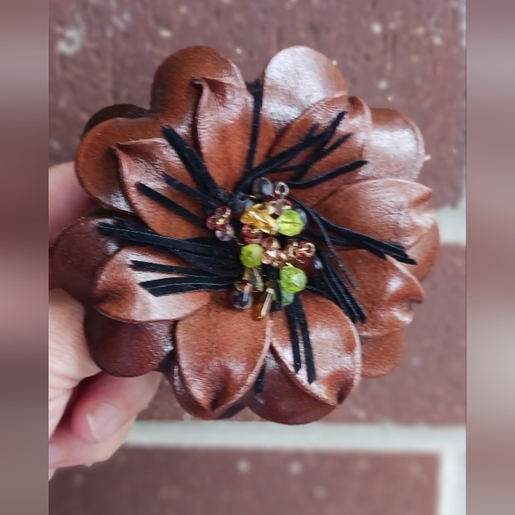 Genuine Brown Leather Green bids Camellia Brooch Flower Pin - Picture 6 of 7